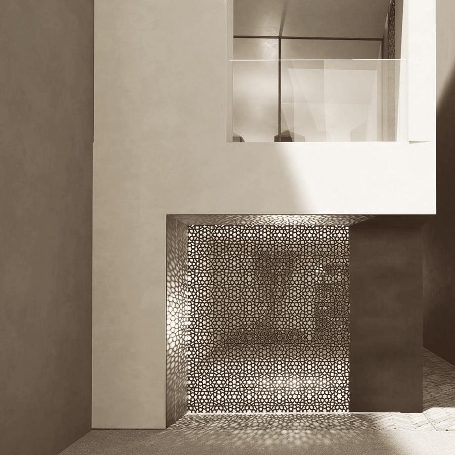 Light falling through a perforated architectural screen